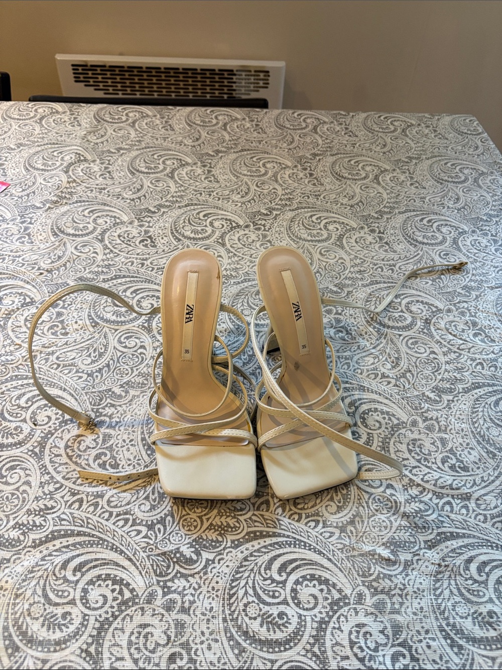 Zara Beige Lace-Up Square-Toe Heeled Sandals
